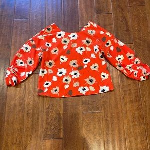 🔴Zara Orange Poppy Blouse V-Back Button Up Medium